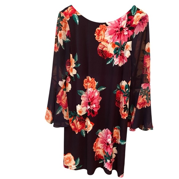 J.Howard Shift Dress Size 12 Black Floral Long Sheer Bell Sleeves Flowy Church - Picture 5 of 12